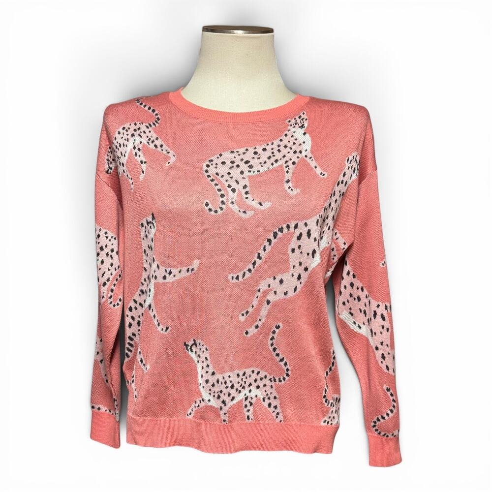 Loft Cheetah Long Sleeve Knit Sweater Pink Small